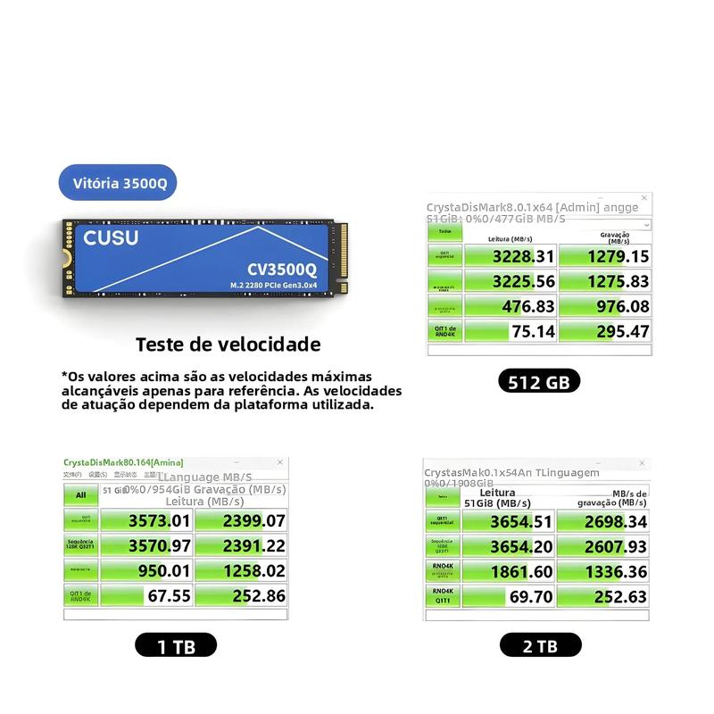 SSD NVMe M2 De Alta Velocidade CUSU 512GB 1TB 2TB PCIe 3.0 Para